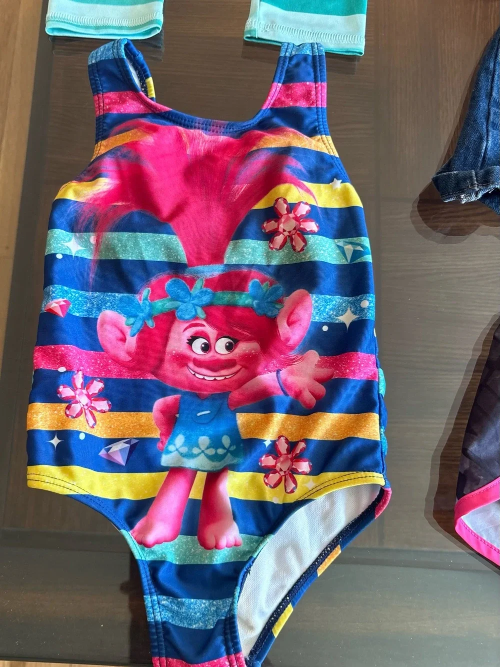 Mixed Brands Girls 2T 4pc Disney Minnie Mouse Denim Shorts Pants Swimsuit Set